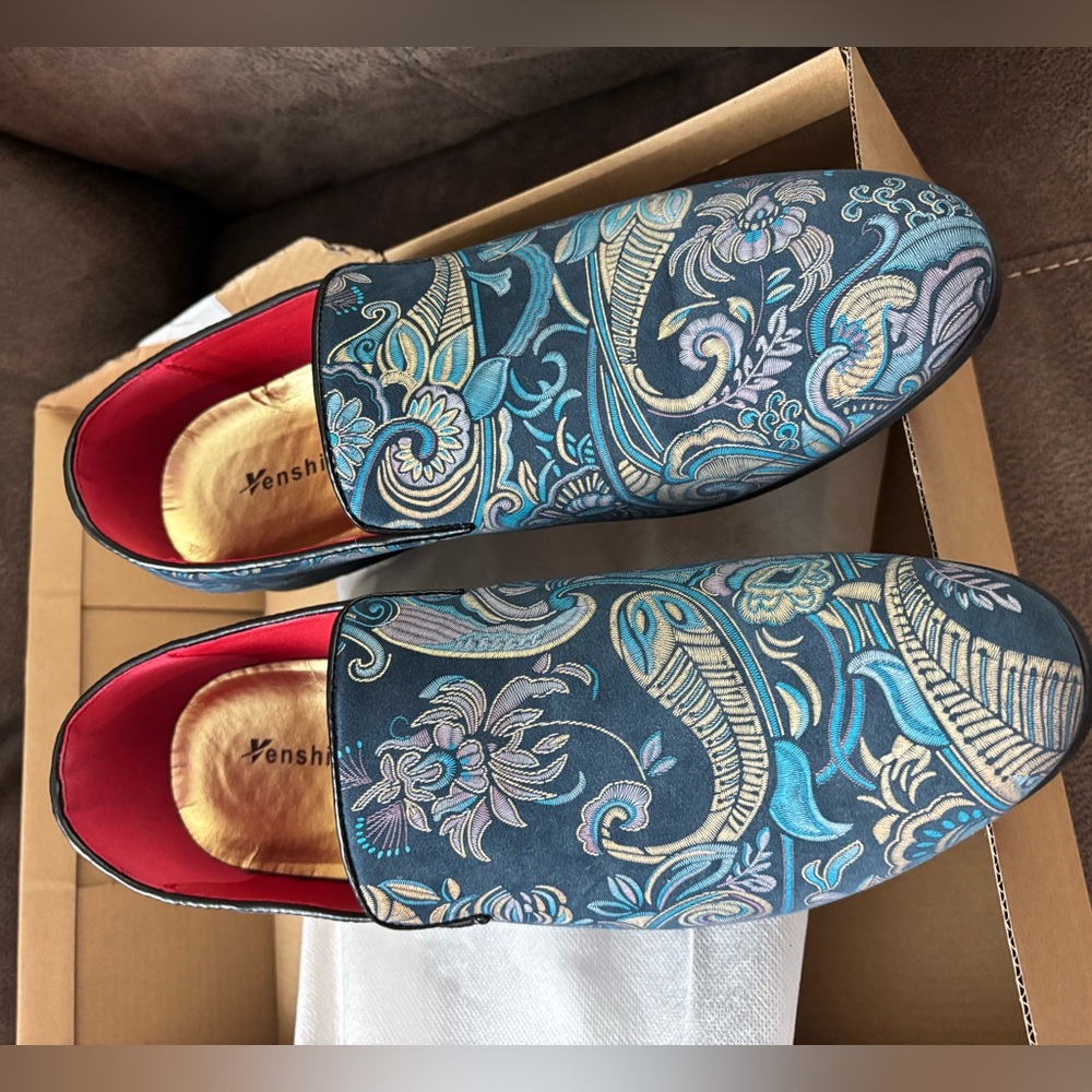 Blue Floral Embroidered Slip-On Loafers for Men